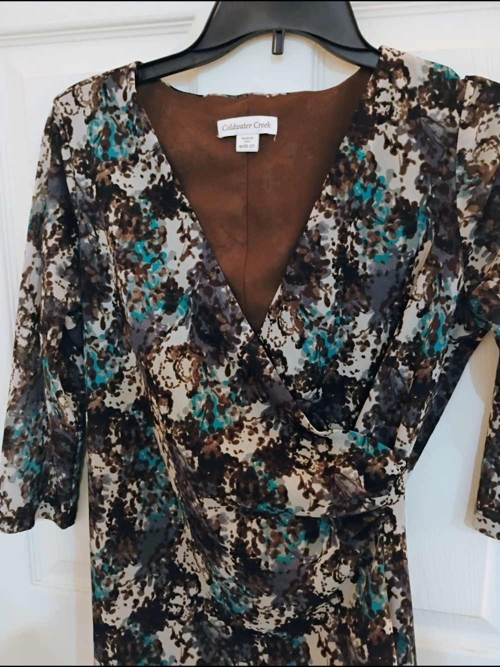 Coldwater Creek Teal Brown Cream Wrap-Style Blouse - Picture 2 of 10